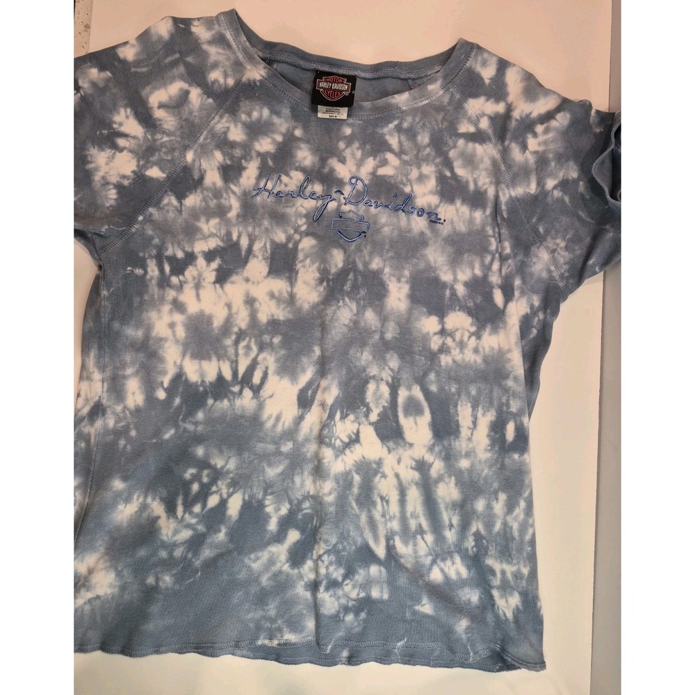Harley-Davidson Embroidered Knit Tee Women's Medium Short Sleeve Blue Tie Dye